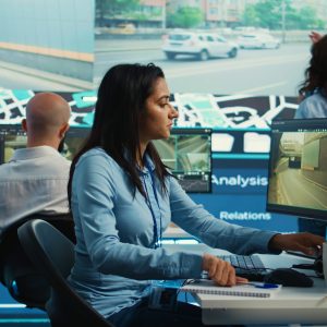 Indian employee collecting and transmitting information to couriers, locating the destination and sending the gps coordinates for faster order delivery. Dispatch call center operator. Camera B.